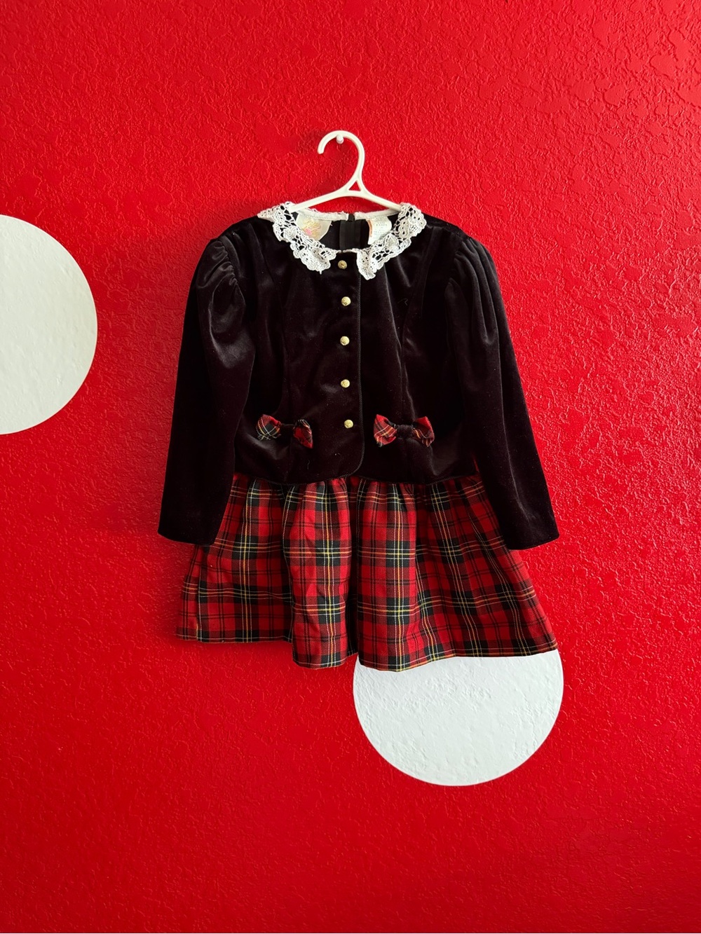 Vintage Classic Black Velvet & Red Plaid Girls' Costume Dress